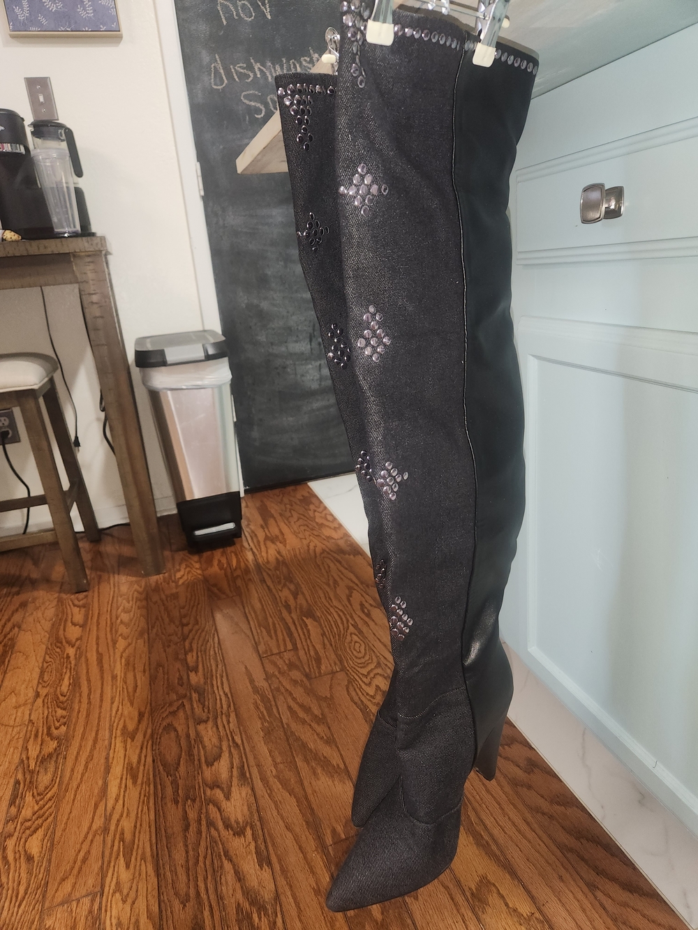 Fashion Nova Black Over-the-Knee Studded Pointed-Toe Boots
